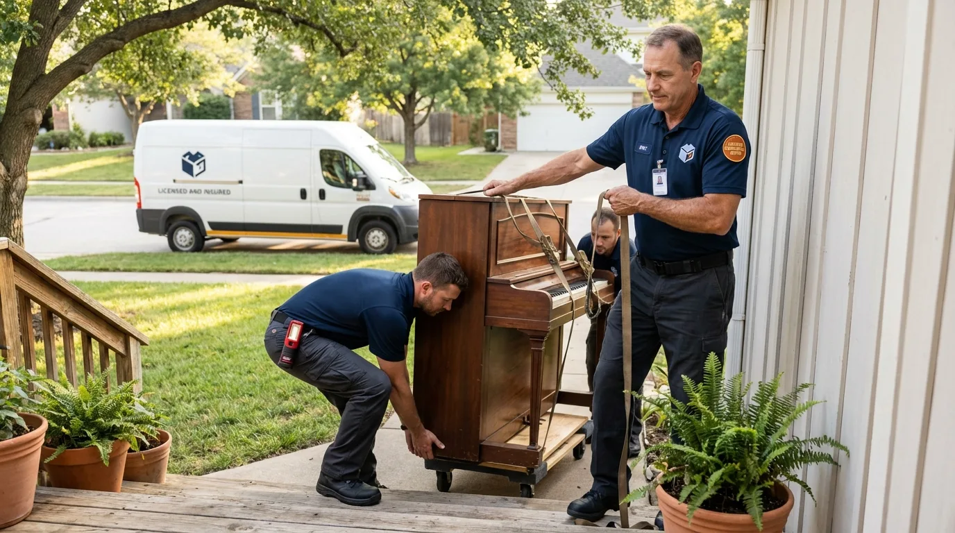 Licensed piano movers securing grand piano in Yauco, PR